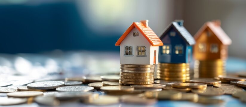 The house stands on coins and money. Bid. Saving money to buy new house. High rent price or home insurance, copy space