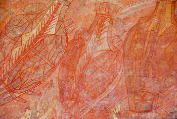 Close up view of 30,000 year old Aboriginal rock paintings of fish catch at Ubirr rock art site in Kakadu National Park, Northern Territory, Australia © Sonja