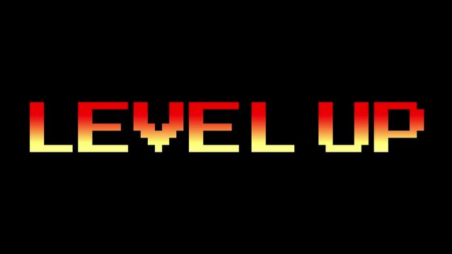 Single line &ldquo;LEVEL UP" in a red and orange gradient, rotating and shaking gently. White, Black, and Green Chroma Key bg. Ideal for video games, online ads, and design. Retro 8-bit game aesthetic.