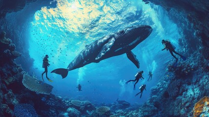 a group of scuba diving student in tropical ocean coral reef sea under water with big whale - obrazy, fototapety, plakaty