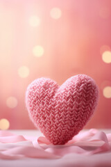 Obraz premium Pink knitted heart on soft background, Valentine's day card