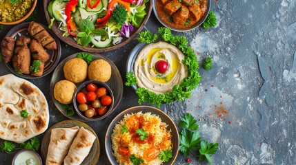 Middle eastern or arabic dishes and assorted meze on concrete rustic background. Meat kebab, falafel, baba ghanoush, hummus, sambusak, rice, tahini, kibbeh, pita. Halal food. Space for text. Top view  - obrazy, fototapety, plakaty