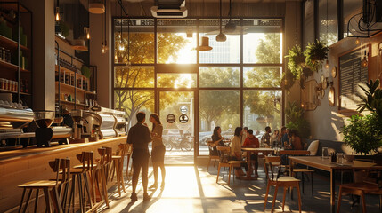 Fototapeta na wymiar customer entering a modern, bustling café, sunlight streaming through large windows, creating a warm and inviting atmosphere
