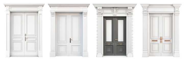 Set of double modern doors isolated on a transparent or white background. Different modern door style close up. A design element to be inserted into a design or project.