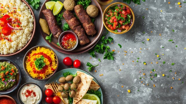 Middle eastern or arabic dishes and assorted meze on concrete rustic background. Meat kebab, falafel, baba ghanoush, hummus, sambusak, rice, tahini, kibbeh, pita. Halal food. Space for text. Top view 
