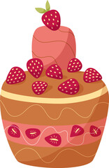 Naklejka premium Hand draw sweet chocolate birthday cake with strawberry isolated on white background. Cute vector illustration in cartoon style. Pink, brown, red colors.Doodle style. Cake icon. Celebration, party.