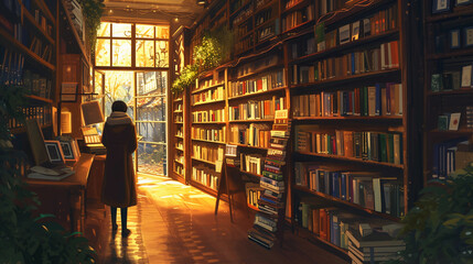 customer at a cozy bookstore, browsing through shelves filled with an array of books, warm light casting a serene mood