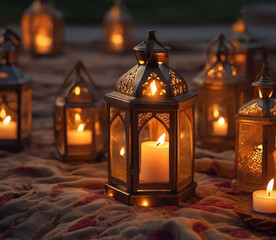 Arabic lanterns with burning candles on the ground. Ramadan Kareem background.