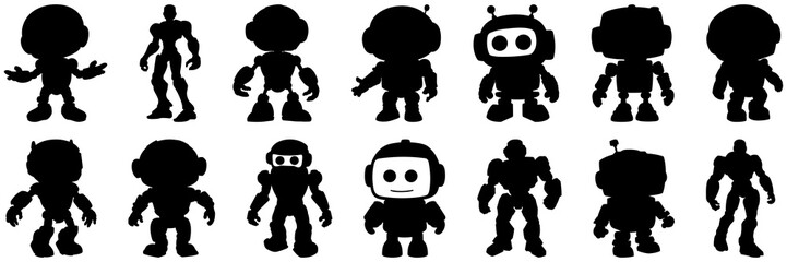 Robot silhouettes set, large pack of vector silhouette design, isolated white background
