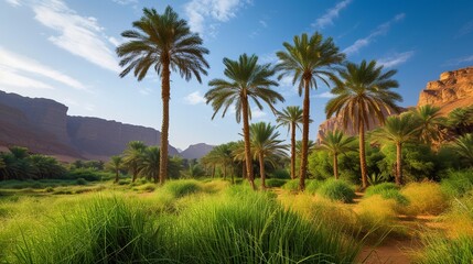 Palm trees on the Heritage Trail in Alula Oasis, Alula, Kingdom of Saudi Arabia