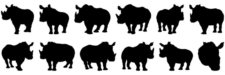 Rhino silhouettes set, large pack of vector silhouette design, isolated white background