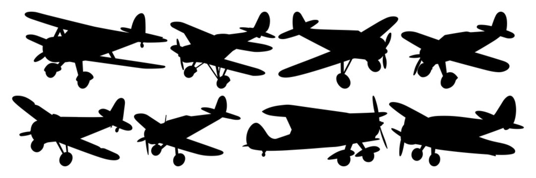 Plane airplane silhouettes set, large pack of vector silhouette design, isolated white background
