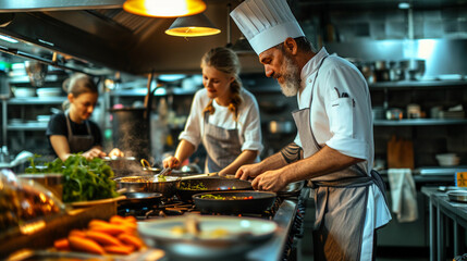 mentor chef and an apprentice in a bustling gourmet kitchen, the mentor demonstrating a cooking technique, surrounded by fresh ingredients and stainless steel cookware, warm kitchen lighting