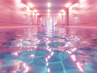Swimming pool with pink light reflections, close-up of water surface