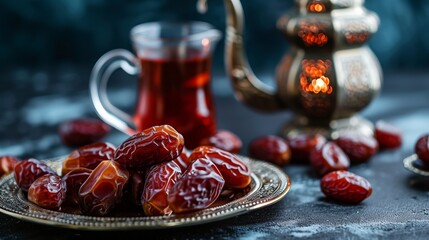 Ramadan food and drinks concept. Ramadan tea and dates fruits with the text on dark background. text is RAMADAN Kareem