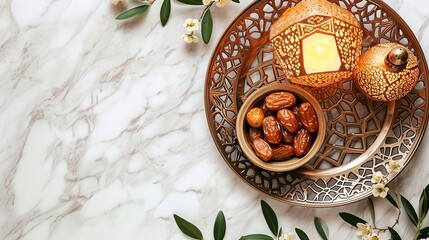 Fototapeta na wymiar Ramadan Kareem mockup. Bronze plate with dates fruit, olive branches, glowing Moroccan lanternand blank greeting card on white marble table. Iftar dinner. Eid ul Adha background. Flat lay, top view. 