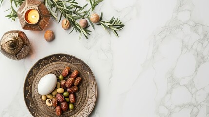 Fototapeta na wymiar Ramadan Kareem mockup. Bronze plate with dates fruit, olive branches, glowing Moroccan lanternand blank greeting card on white marble table. Iftar dinner. Eid ul Adha background. Flat lay, top view. 