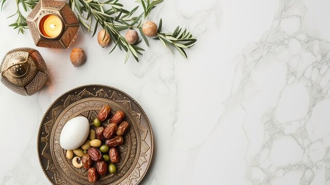 Ramadan Kareem mockup. Bronze plate with dates fruit, olive branches, glowing Moroccan lanternand blank greeting card on white marble table. Iftar dinner. Eid ul Adha background. Flat lay, top view. 