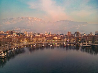 Drone shot of the city of Lecco and Mount Resegone, Italy