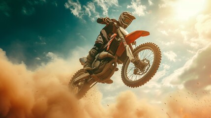 The racer on a motorcycle participates in trains on motocross in flight, jumps and takes off on a springboard against the sky. The smoke and dust fly from under  - obrazy, fototapety, plakaty