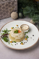 Delicious appetizers from the restaurant. Close up