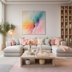 modern living room, pastel aesthetic 