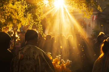 Fototapeten kyiv, ukrainians celebrate orthodox easter near church in may , lens flare, yellow and golden © Наталья Добровольска