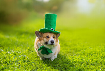 portrait of a funny corgi dog puppy in a green leprechaun hat in honor of St. Patrick sitting on...