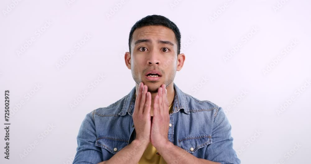 Poster Man, face and shock in studio for information, news and announcement or wow by white background. Asian male person, surprise and what for unexpected gossip, mockup space and portrait for crazy drama