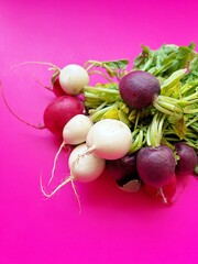 colorful radishes, bunch of colorful radishes, fresh vegetables, pink background, round radishes