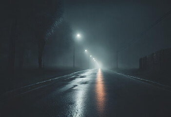 Midnight road or alley with a car driving away in the distance. Wet hazy asphalt road or alley. crime, midnight activity concept