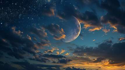 ramadan, the holy month of muslims. crescent shaped moon and night cloudy and starry sky - obrazy, fototapety, plakaty