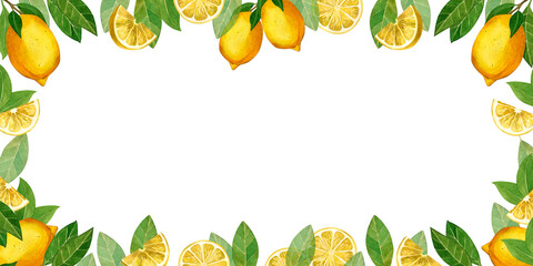 Lemons. Rectangular frame with yellow lemons and green leaves, lemon slices. All elements are hand painted with watercolors. For printing on fabric and paper, for designing napkins and towels.