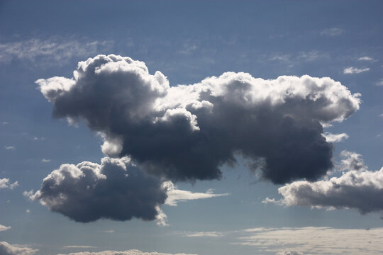 Sunny spring day. The blue sky is decorated by white clouds. Several clouds in a form are similar to a big poodle.