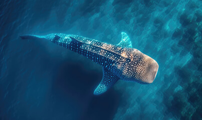 Tropical island and whale shark - above and below water - obrazy, fototapety, plakaty