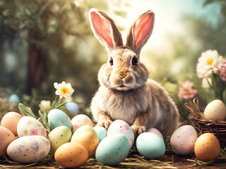 Easter Bunny among colorful Easter eggs on a blurred background. Generated AI - 725004180