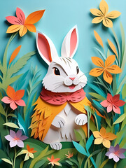 Cartoon Easter bunny among colorful decorative flowers on a green background. Generated AI - 725004186