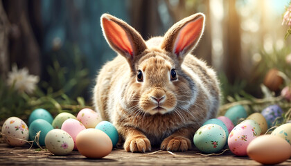 Easter Bunny among colorful Easter eggs on a blurred background. Generated AI - 725004190