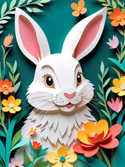 Cartoon Easter bunny among colorful decorative flowers on a green background. Generated AI - 725004194