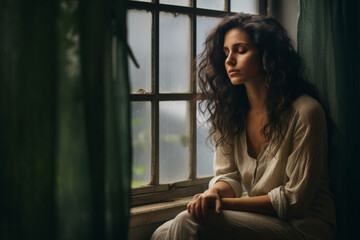 Pensive girl sitting near the window, feeling lonely or upset, thinking about problems