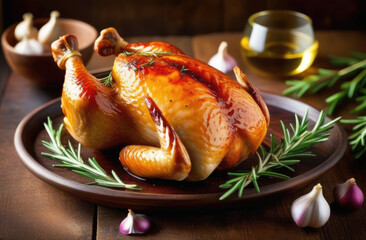 Thanksgiving Day, Purim, national Jewish cuisine, traditional Jewish dish, Cornish Game Hens with Garlic and Rosemary, baked chicken meat with spices and herbs
