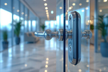 Sleek Chrome Door Handle on Transparent Glass Office Door. - obrazy, fototapety, plakaty