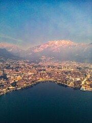 Aerial shot of the city of Lecco at dusk