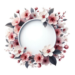 round frame with spring blossom flowers branch around and empty white center isolated on white background
