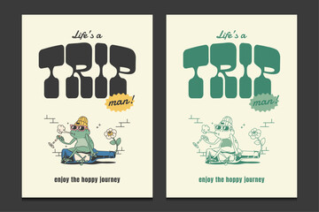 retro 70s posters with funky frog cartoon characters, vector illustration