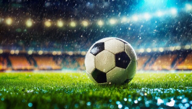 Fotos de uma bola molhada pela chuva em um gramado de um est&aacute;dio de futebol a noite