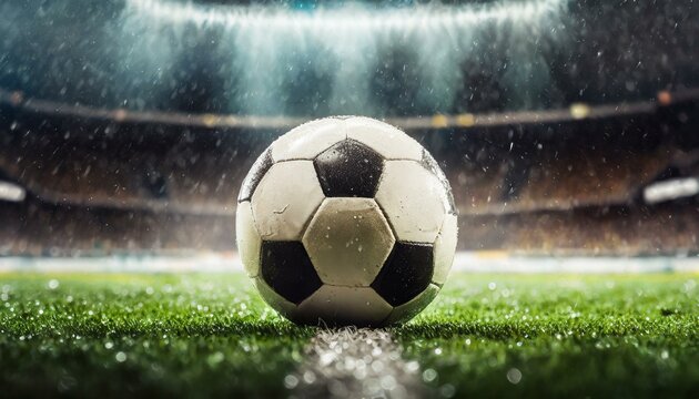 Fotos de uma bola molhada pela chuva em um gramado de um est&aacute;dio de futebol a noite