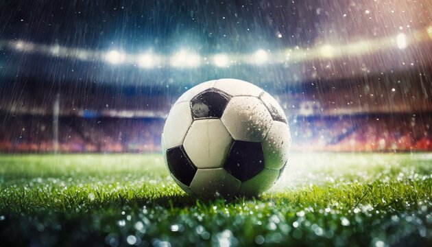 Fotos de uma bola molhada pela chuva em um gramado de um est&aacute;dio de futebol a noite
