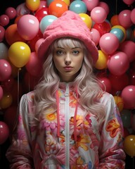 Fototapeta na wymiar Candycore childlike concept. playful, pastel aesthetics background. girl in pink suit and hat on background of balloons.
