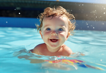 Fototapeta na wymiar portrait of Joyful baby Toddler Enjoying Summer Fun in Swimming Pool
